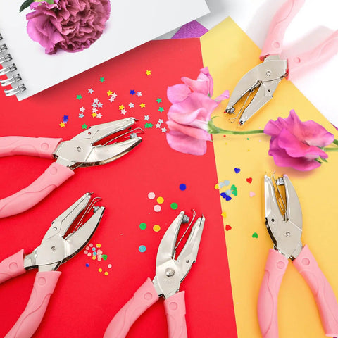 Five Pack Handheld Hole Punch Set With Metal Punches In Circle Heart And Star Shapes for DIY crafts, shown with paper confetti