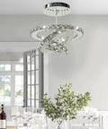 Slick Modern Crystal LED Chandelier With Adjustable Stainless Steel Rings Three Ring Pendant Lights For Living Room Dining Room And Bedroom Chrome Finish 75W 85 To 265V White To Warm White LED in dining room setting