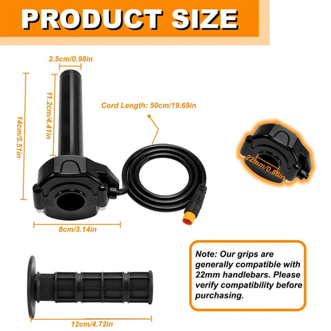 Product size diagram for Full Twist Throttle Kit For 12V To 72V E Bikes And Scooters with dimensions in centimeters and inches.