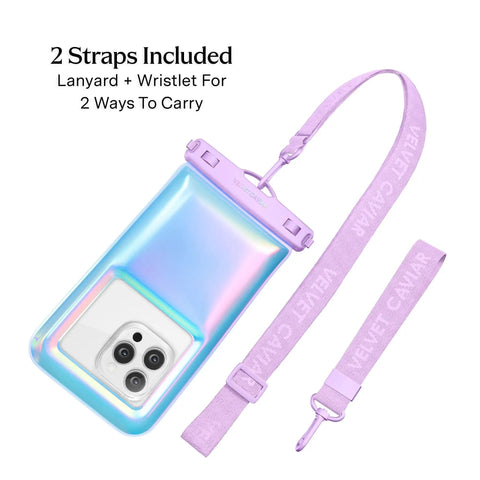 Waterproof Phone Pouch With Lanyard IP68 Floating Case For All Phones Dry Bag Lavender Holo with lanyard and wristlet