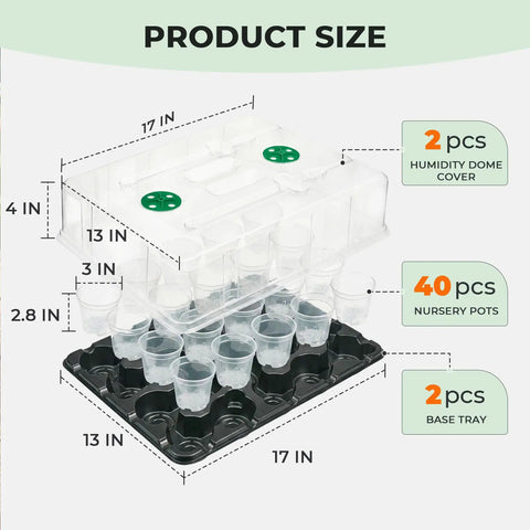 Three Inch Seed Starter Trays Two Pack With Humidity Dome And Twenty Cell Seedling Trays For Indoor And Outdoor Gardening Includes Forty 3 Inch Nursery Pots To Make Germination Quick And Planting A Breeze