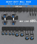 Heavy Duty Garage Tool Organizer Wall Mount Rack With 680 Pound Capacity And 10 Adjustable Hooks For Garage Shed And Workshop Keeping Tools Off The Floor Industrial Grade Powder Coated Carbon Steel Construction For Maximum Durability Black Finish, shown holding weights