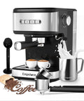 Top Shelf 20 Bar Espresso Machine With Integrated Milk Frother And Steam Wand Heavy Duty 1100 Watt Stainless Steel Coffee Maker with two espresso shots and milk jug.