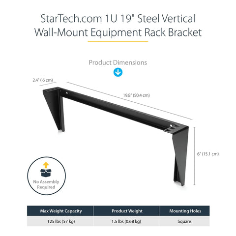 Rock Solid 1U Vertical Wall Mount Patch Panel Rack Bracket dimensions 19.8 inches long, black steel, 125 lb capacity, easy installation.