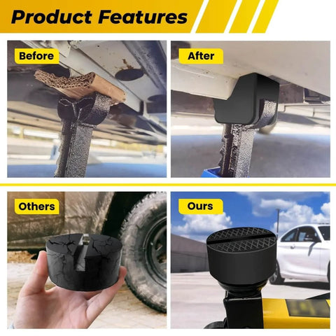 Comparison of Rubber Jack Pad Pinch Weld Adapter Universal Slotted Frame Rail Protector showing before and after usage, side by side view, and texture design.