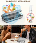 Top Drawer Rechargeable Handheld Milk Frother Wand With Three Adjustable Speed Levels And Solid Stainless Whisks For Silky Latte Foam And Quicker Batter Mixing Comes With Nifty Storage Case In Sleek Silver stored in a convenient case.