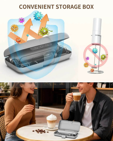 Top Drawer Rechargeable Handheld Milk Frother Wand With Three Adjustable Speed Levels And Solid Stainless Whisks For Silky Latte Foam And Quicker Batter Mixing Comes With Nifty Storage Case In Sleek Silver stored in a convenient case.