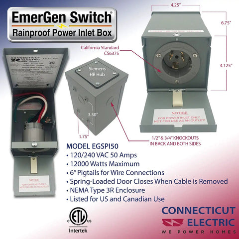 Heavy Duty 50 Amp Generator Power Inlet Box Ready To Roll Nema Type 3r Rainproof Outdoor Electrical Outlet with spring cover and dimensions.