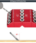 Red 30 45 90 Degree Drill Hole Guide Jig For Angled And Straight Holes with steel sleeves for deck railing and wood posts.