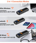 3 in 1 connection modes of Pocket Sized Bluetooth Barcode Scanner That Reads 2D And 1D Barcodes With LCD Display And AI Voice Setting Keypad Wireless Handheld Reader For Smartphones Computers And POS No Fuss Plug And Play, showing wireless and USB wired options.