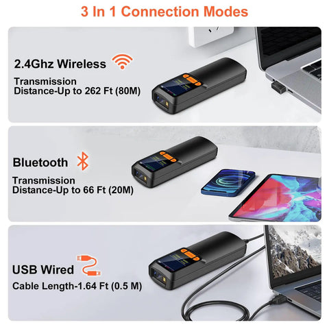3 in 1 connection modes of Pocket Sized Bluetooth Barcode Scanner That Reads 2D And 1D Barcodes With LCD Display And AI Voice Setting Keypad Wireless Handheld Reader For Smartphones Computers And POS No Fuss Plug And Play, showing wireless and USB wired options.
