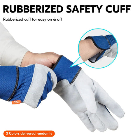 Close-up of blue and gray leather palm work gloves for men with rubberized safety cuff, heavy duty gardening and builder gloves.