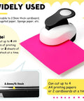 Six Piece Circle Punch Set With All The Right Sizes 0.3in 0.6in 1in 1.5in 2in 3in And Ten Color Sticker Papers shown punching pink paper