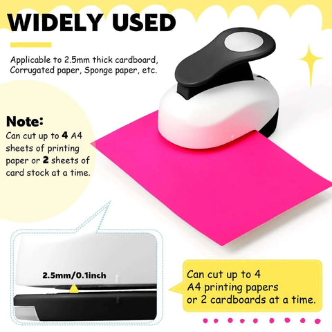 Six Piece Circle Punch Set With All The Right Sizes 0.3in 0.6in 1in 1.5in 2in 3in And Ten Color Sticker Papers shown punching pink paper