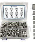 Stainless Steel Rivet Nut Assortment Kit With 505 Pieces, SAE Threaded Inserts in Storage Case, Eight Sizes Visible