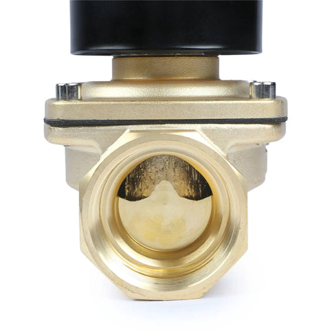 Front view of One And A Half Inch Brass Electric Solenoid Valve 12V DC Normally Closed Viton Seal for gasoline, diesel oils, and lubricants