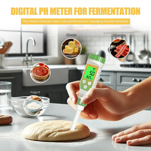 Pro Grade Digital pH Meter For Food And Fermentation, High Accuracy pH Tester With Spear Probe being used on sourdough.