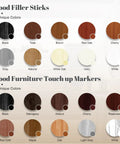 Color options of the All In One Wood Filler Sticks Kit With 20 Color Options For Easy Diy Furniture Repair Of Scratches Cracks Nail Holes And Scuffs On Wood Floors Tables Cabinets Doors And Desks, showing wood filler sticks and markers in various shades.