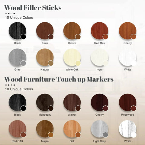 Color options of the All In One Wood Filler Sticks Kit With 20 Color Options For Easy Diy Furniture Repair Of Scratches Cracks Nail Holes And Scuffs On Wood Floors Tables Cabinets Doors And Desks, showing wood filler sticks and markers in various shades.
