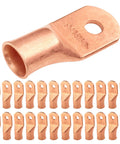 Heavy Duty Beefy Bare Copper Battery Lugs Set 25 Pcs 0000 Gauge Ring Terminals for High Current Auto Marine Electrical Cable Ends 5 by 16 Inch Stud Connectors UL Listed displayed in rows.