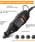 GOXAWEE rotary tool kit with keyless chuck, variable speed, black handheld drill, 140 accessories, side view