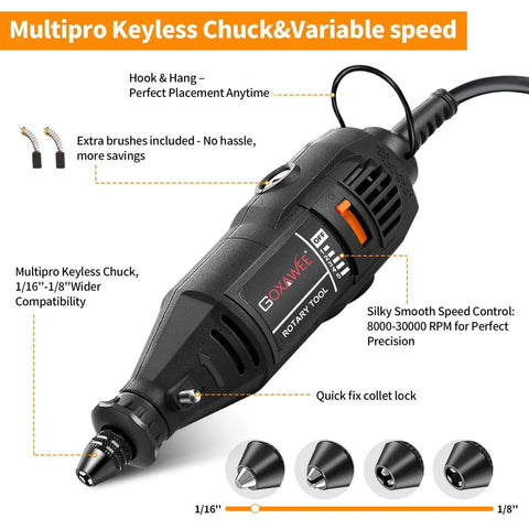 GOXAWEE rotary tool kit with keyless chuck, variable speed, black handheld drill, 140 accessories, side view