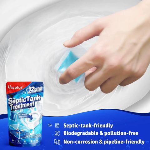 Hand using blue dissolvable enzyme pack from Septic Tank Treatment 12 Pack For 1 Year Supply for easy operation and odor reduction.