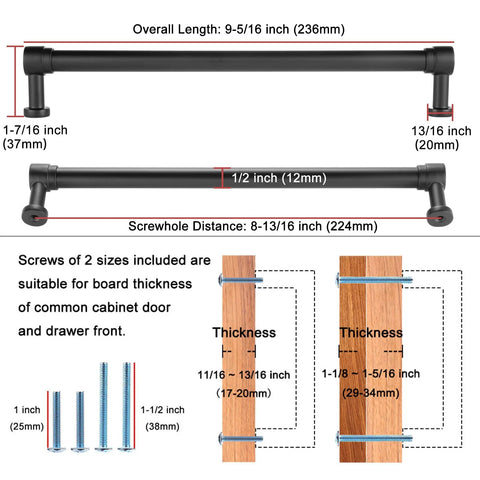Diagram showing Two Tone Black And Nickel Cabinet Pulls 1 Piece French Style with dimensions and screw sizes for furniture installation.