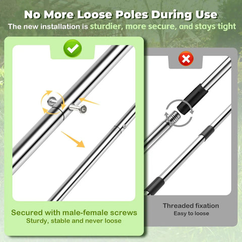 Close-up comparison of secure pole connections on Long Handle Weed Puller Pro 2 In 1 Garden Weeding Rake And Garden Hoe.