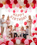 Family celebrates birthday with 66 Piece 12 Inch Hot Pink And Red Balloons Set With White And Gold Confetti For Valentines Day Engagement Wedding Bachelorette Birthday Party Decor Durable Matte Latex