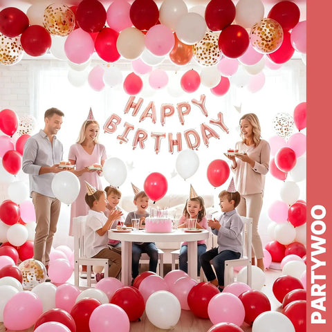 Family celebrates birthday with 66 Piece 12 Inch Hot Pink And Red Balloons Set With White And Gold Confetti For Valentines Day Engagement Wedding Bachelorette Birthday Party Decor Durable Matte Latex