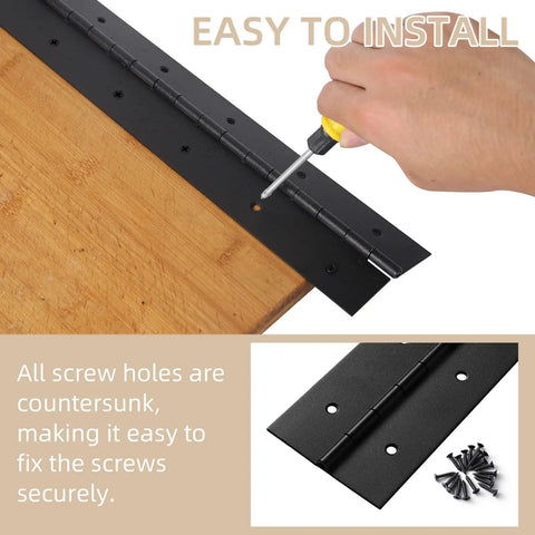 Installation of Two Pack Heavy Duty Piano Hinges 36 Inch Stainless Steel with mounting screws on wood.