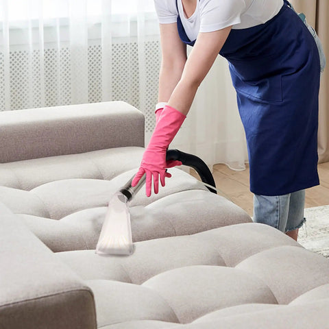 Woman cleaning sofa with Extractor Attachment For Wet Dry Vac Turn Any Shop Vac Into A Pro Grade Upholstery Cleaner For Cars And Home Detailing With A Clear Three And A Half Inch Head To See Dirt And Dirty Water From YSJWAER.