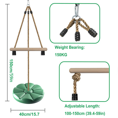 Green Disc Swing For Kids With 7 Ft Adjustable Height, Monkey Bars, Hanging Tree Seat, Backyard Outdoor Play Set dimensions and features.