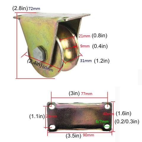 Beefy Heavy Duty U Groove Track Gate Rollers Kit With Dual Bearing, side view with detailed measurements, durable carbon steel