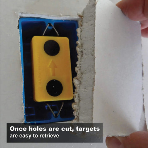 Drywall Cutout Locator Tool for electrical boxes, showing rare-earth magnets visible through an opened drywall cutout.