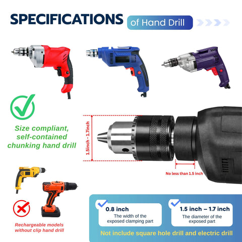 Specifications of hand drill compatibility with square hole drill bit adapter, showing various hand drills and size measurements.