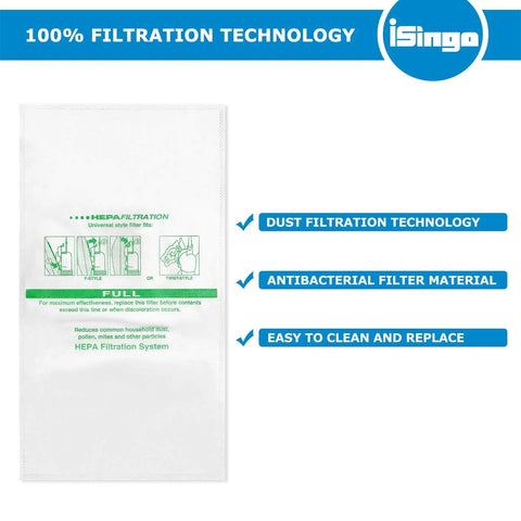 Vacuum bag displaying filtration technology details; 15 Plus 5 Pack Vacuum Bags And Belts For Kirby Vacs Universal Cloth Bags Fit Sentria