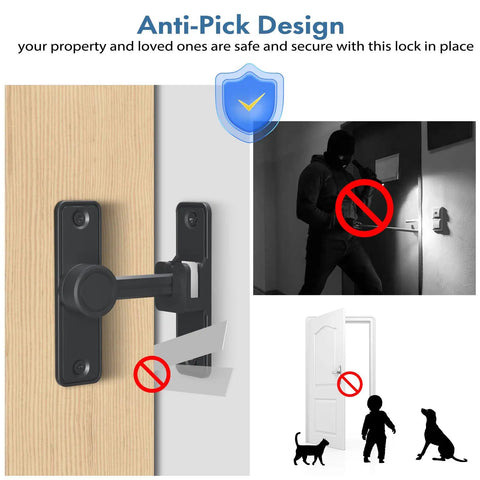 Heavy Duty Barn Door Lock Latch 90 And 180 Degree Adjustable installed on wooden door, anti-pick design