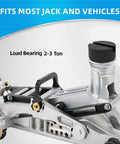 Universal Rubber Floor Jack Pad Set 2 Pack With Pinch Weld Jack Pad Adapter, shown placed on a floor jack for vehicle lifting.