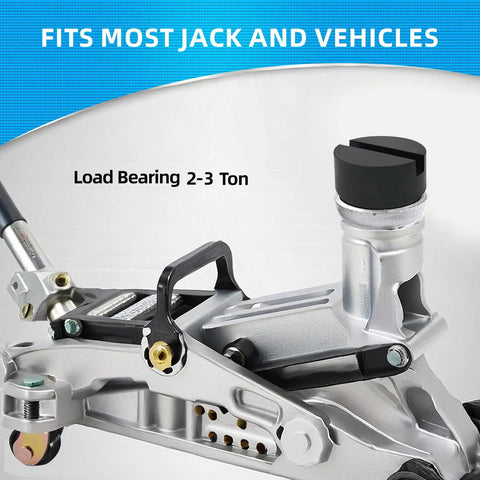 Universal Rubber Floor Jack Pad Set 2 Pack With Pinch Weld Jack Pad Adapter, shown placed on a floor jack for vehicle lifting.