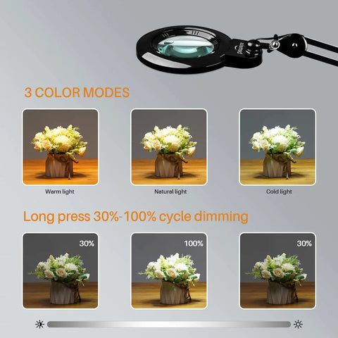 Bifocal Magnifying Desk Lamp with Clamp, Three Color Modes, Dimming Options, Swivel Arm, Ideal for Craft and DIY