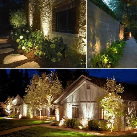 Outdoor Landscape Lighting Kit Four Pack With Transformer Integrated LED Technology IP65 Waterproof Connectable Spot Lights For Yard Garden Lawn Trees Flags House Fence And Plant Beds illuminating a stone house and pathway.