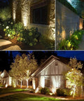 Outdoor gardens and house illuminated by 8 Pack LED Landscape Spotlight Kit For Garden, Yard, House, Lawn, Tree And Fence Use, Warm White.