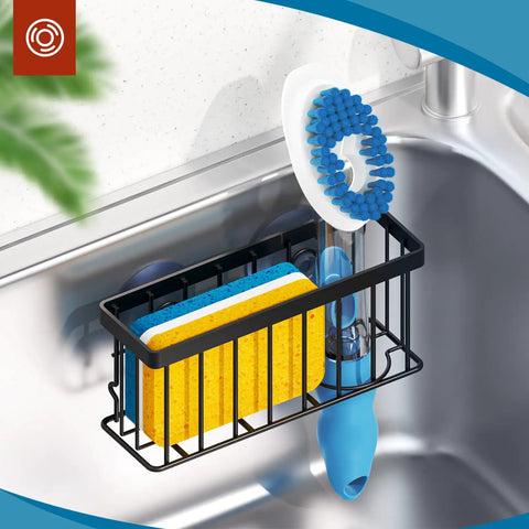 Kitchen Sink Sponge Holder Caddy With Suction Cups And Adhesive Strips holding sponge and brush beside sink