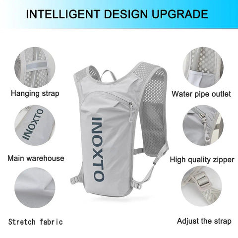 Lightweight Hydration Vest Backpack With 1.5L Insulated Water Bladder, ergonomic vented pack, light gray with features labeled