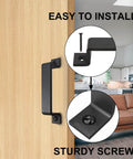 6.1 Inch Barn Door Handles Set Black Gate Pulls installed on a wooden door with close-up view of screws