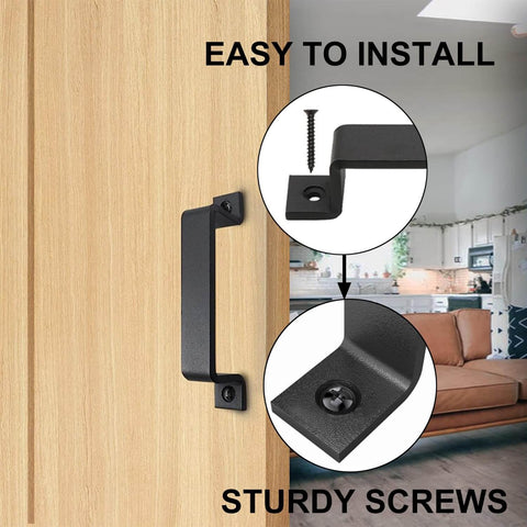 6.1 Inch Barn Door Handles Set Black Gate Pulls installed on a wooden door with close-up view of screws