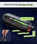 Cordless Bike Pump And Portable Air Compressor With Digital Pressure Gauge 150 PSI Car Tire Inflator showing air tube storage