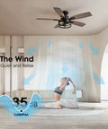 46 Inch Ceiling Fan With Lights And Remote Control, matte black, indoor use, in a living room with a person practicing yoga.